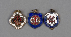 MELBOURNE CRICKET CLUB, membership fobs for 1909-10 (#3439), 1910-11 (#811) & 1911-12 (#3813) made by Stokes, King and Bentley respectively, (3 items).