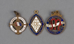 MELBOURNE CRICKET CLUB, membership fobs for 1912-13 (#3845), 1913-14 (#1555) and 1914-15 (#1423) made by Bentley, Stokes and Stokes respectively, (3 items).
