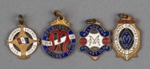 MELBOURNE CRICKET CLUB, membership fobs for 1912-13 (#2457), 1914-15 (#89), 1915-16 (#158) and 1916-17 (#1439) all by Bentley except 1914-15 which is by Stokes. Note the two very low membership numbers. (4 items).