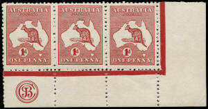 1d Red (Die 2A, Plate H) JBC Monogram corner strip of 3 from the right pane, R58 with variety "White scratches through words of value", MUH/MLH. BW:4(H)zb. - $1500.