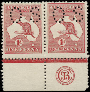 1d Red (Die 2A, Plate H), perforated Small OS, JBC Monogram pair, R58 with variety "White scratches through words of value." MLH. BW:4(H)zc+ - but not priced perforated OS. 