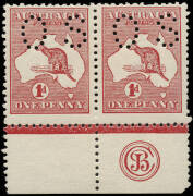 1d Red (Die 2A, Plate H), perforated Small OS, JBC Monogram pair, R58 with variety "White scratches through words of value." MLH. BW:4(H)zc+ - but not priced perforated OS. 