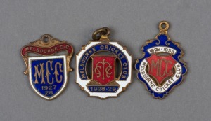 MELBOURNE CRICKET CLUB, membership fobs for 1927-28 (#4445), 1928-29 (#4178) and 1929-30 (#3664) all made by Bentley, (3 items).