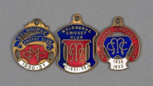 MELBOURNE CRICKET CLUB, membership fobs for 1930-31 (#5011), 1931-32 (#2672), and 1932-33 (#1659), all made by Bentley. (3).