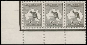 2d Deep Grey (Plate 1), No Monogram corner strip of 3 from the left pane, additionally with variety at L55 "Retouched left frame and shading N.W. of map"; stamps MUH; lightly hinged in margins and the slightest hint of gum tone to one unit. BW:5(1)z - $50