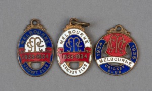 MELBOURNE CRICKET CLUB membership fobs for 1933-34 (#821), 1933-34 (Country #1716) and 1934-35 (#3886), all made by Bentley, (3).