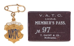 1905-6 V.A.T.C. (Victorian Amateur Turf Club - Caulfield) Membership enamel and bronze fob (#97), with original suspension pin; together with the ORIGINAL NUMBER BOX from T. Gaunt & Co., Melbourne.