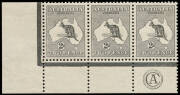 2d Grey (Plate 2) CA Monogram corner strip of 3 from the left pane, MLH/MUH. BW:5(2)z. - $3000.