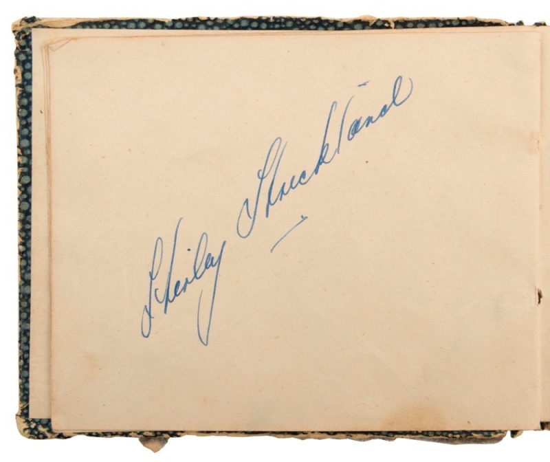 AUTOGRAPH BOOK: with signatures of athletes competing in 1948, 1952 & 1956 Olympics including large crisp SHIRLEY STRICKLAND autograph (Australia, Golds 1952 80m Hurdles, 1956 80m Hurdles & 1956 4x100m), MARJORIE JACKSON (Australia, Golds 1952 100m & 200m