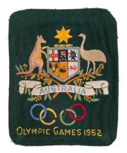 1952 HELSINKI: Australian Team blazer pocket patch embroidered with Australian Coat of Arms over Olympic Rings with 'OLYMPIC GAMES 1952' beneath. Fine condition and rare. Australia sent a relatively small team of 81 competitors (71 men and 10 women) to compete in 67 events across 12 sports in the 1952 Helsinki Olympics, compared with the 294 competitors who took part 'home' Olympics in Mel