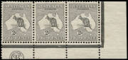 2d Slate (Plate 2), JBC Monogram corner strip of 3 from the right pane; with R60 variety "Shading break under W of TWO"; a couple of nibbed perfs and some gum distrurbance, MLH. BW:5(2)zb - $3000.