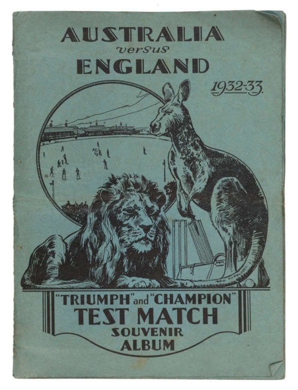 AMALGAMATED PRESS LTD: 1932 "Australian & English Cricket Stars" complete set [32] loosely inserted into special "'Triumph' and 'Champion' Test Match Souvenir Album" showing details of the forthcoming season, including the Ashes ('Bodyline') series; album