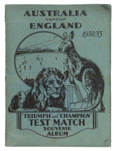 AMALGAMATED PRESS LTD: 1932 "Australian & English Cricket Stars" complete set [32] loosely inserted into special "'Triumph' and 'Champion' Test Match Souvenir Album" showing details of the forthcoming season, including the Ashes ('Bodyline') series; album