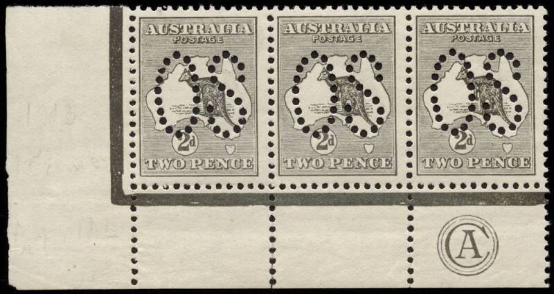 2d Grey (Plate 2) CA Monogram corner strip of 3 from the left pane, perforated Large OS, MUH. BW:5(2)z - but unpriced perf.OS.