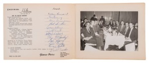 GRAHAM MCKENZIE COLLECTION - 1962-63 ASHES SERIES: Pre-Sydney 5th Test Match Dinner, being a commemorative folder produced by the Chevron-Hilton Hotel (Sydney) containing a photograph showing the full Australian team seated and ready to dine, with autographs of the full team on the opposite page. The Fifth Test was drawn at the Sydney Cricket Ground, resulting in a drawn series, with Australia retaining the Ashes. Graham McKenzie took 20 wickets in the series.