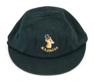 GRAHAM MCKENZIE COLLECTION - 1963-64 AUSTRALIA v SOUTH AFRICA TEST SERIES:  South African Cricket Cap in deep green with embroidered 'Springbok' and 'S.A. 1963-64' on front, made by L.J. Palmer (Johannesburg), exchanged between an unknown South African pl