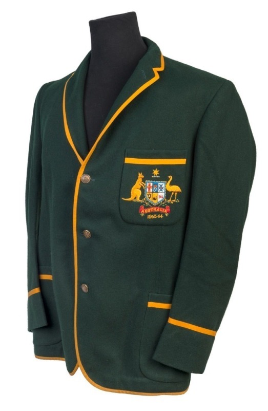 GRAHAM MCKENZIE COLLECTION - 1963-64 AUSTRALIA v SOUTH AFRICA TEST SERIES: Graham McKenzie's Australian blazer in green wool with embroidered Coat-of-Arms & '1963-64' on pocket, named inside 'G McKENZIE, 11/63' on Farmer's (Sydney) maker's label. In very