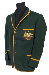 GRAHAM MCKENZIE COLLECTION - 1963-64 AUSTRALIA v SOUTH AFRICA TEST SERIES: Graham McKenzie's Australian blazer in green wool with embroidered Coat-of-Arms & '1963-64' on pocket, named inside 'G McKENZIE, 11/63' on Farmer's (Sydney) maker's label. In very good condition.