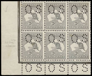 2d Grey (Plate 1), No Monogram corner block of 6 from the left pane, perforated Small OS and showing the variety at L55 "Retouched left frame and shading N.W. of map." A couple of minor gum tones, however an exceedingly rare piece. BW:5(1)z+ - ($5000) but