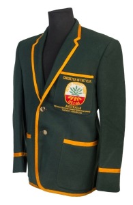 GRAHAM MCKENZIE COLLECTION - 1968 CRICKETER OF THE YEAR: Blazer in green wool with gold trim presented to McKenzie by Peanut Marketing Board (Kingaroy, Qld) for their 'Cricketer of the Year' award, with embroidered 'Golden Peanut Award 1967-68' patch on pocket, the jacket custom tailored by Rothwells of Brisbane. In excellent condition.