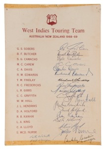 GRAHAM MCKENZIE COLLECTION - 1968-69 WEST INDIES TOUR OF AUSTRALIA: official team sheet for 'West Indies Touring Team Australia/New Zealand 1968-69' with 19 signatures including Gary Sobers, Basil Butcher, Roy Fredericks, Lance Gibbs, Charlie Griffith, Wes Hall, Rohan Kanhai & Clive Lloyd.