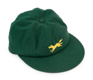 GRAHAM MCKENZIE COLLECTION - 1969-1975 LEICESTERSHIRE COUNTY CRICKET: Graham McKenzie's Leicestershire cricket cap in green wool with embroidered fox on the front, named and signed by Graham McKenzie on the underside, in very good condition.McKenzie took 465 wickets playing for Leicestershire over 7 seasons at an average of 22.33. In 1975, his last year, they won the County Cricket Championship for the first time in the club's history.