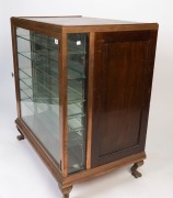 An antique shop display counter cabinet, unusual format with narrow copper front display, claw feet and shelving at the rear, circa 1900,100cm high, 87cm wide, 59cm deep - 2