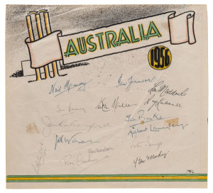 AUSTRALIA: A hand-illustrated sheet headed "AUSTRALIA 1956" with the original pen signatures of Neil Harvey, Ian Johnson, Ian Craig, Len Maddocks, Keith Miller, Ron Archer, Jim Burke and eight other Test cricketers. (15 signatures).