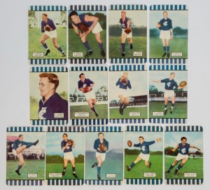 COLES 1954-55 - CARLTON: group of cards comprising 1954 Series 1 (5), 1954 Series 2 (5) and 1955 Series 3 (3), including Series 1 Keith Hands card; corner mount impressions, a few blemishes on reverse, overall G/VG. (13)