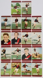 COLES 1954-55 - ESSENDON: group of cards comprising 1954 Series 1 (5), 1954 Series 2 (7) and 1955 Series 3 (6). Included are four of John Coleman (portrait, plus three action images) and two of Bill Hutchison (portrait & action); corner mount impressions, few creases, one card mounting blemishes, overall fair to VG. (18)