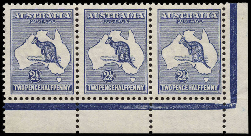 2½d Bluish-Indigo (Plate 1), No Monogram corner strip of 3 from the right pane, MUH/MLH (one unit with small ink mark on gum). BW:9(1)za - $9000. Exceedingly scarce. 