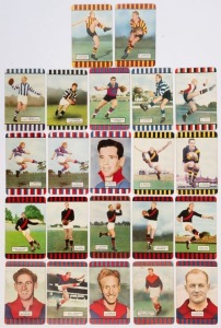 COLES 1954-55 Series - selection of cards, mostly 1st or 2nd series, comprising Collingwood (1), Essendon (5, one faults), Fitzroy (1), Footscray (3), Geelong (1), Hawthorn (2), Melbourne (5), North Melbourne (1), Richmond (2) & St Kilda (1); corner mount impression, fair to VG. (22)