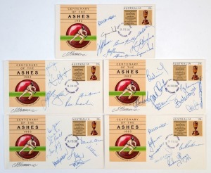 PLAYER SIGNATURES: on Centenary of the Ashes (1982) envelopes including Australians on 3 envelopes with Greg Chappell (2), Jeff Thomson (2), Kepler Wessels (2), Allan Border (2), Kim Hughes (2), Dennis Lillee, Rod Marsh & Geoff Lawson; English players on two envelopes including David Gower, Allan Lamb, Bob Willis & Derek Randall. (38 signatures on 5 covers)