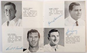 TOM VEIVERS COLLECTION: 1964 ASHES TOUR OF ENGLAND: P & O Orient Lines SS Orcades souvenir programme (initialled 'T.V.' on front cover) containing individual SIGNED images of the 17 players in the touring party including Veivers, Bobby Simpson (Capt.), Brian Booth, Wally Grout, Bill Lawry, Norm O'Neill & Graham McKenzie; also team photo postcard (promoting Australian produce on reverse) and a copy letter from Tom Veivers,