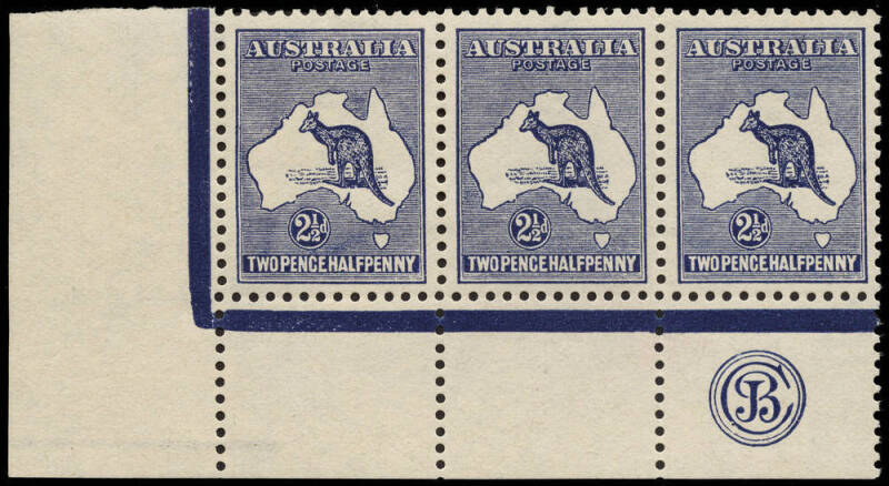 2½d Indigo (Plate 2), JBC Monogram corner strip of 3 from the left pane, MUH, gum just faintly toned. Superb appearance. BW:9(2)z - $4500.