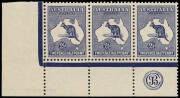 2&frac12;d Indigo (Plate 2), JBC Monogram corner strip of 3 from the left pane, MUH, gum just faintly toned. Superb appearance. BW:9(2)z - $4500.