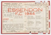 ESSENDON: 1944 Member's Season Ticket, with Fixture List & holes punched for each game attended. Good condition. Essendon finished 3rd on the VFL ladder, losing to by Richmond by 21pts in the Preliminary Final. - 2