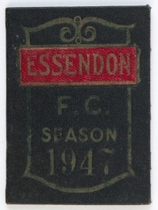 ESSENDON: 1947 Member's Season Ticket, with Fixture List & holes punched for each game attended. Fair/Good condition. Essendon finished the year as runner's up on the VFL ladder going on to contest the Grand Final, losing to Carlton by a single point.