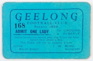GEELONG: 1929 Lady Member's Season Ticket, number '169', with Fixture List, unpunctured (for games attended); Very Good condition. Rare.
