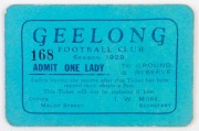 GEELONG: 1929 Lady Member's Season Ticket, number '169', with Fixture List, unpunctured (for games attended); Very Good condition. Rare.
