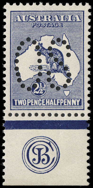 2½d Indigo, JBC Monogram single, perforated Large OS. Superb MUH; lightly mounted in margin. BW:9(2)za - but unpriced perf.OS. Extremely rare.