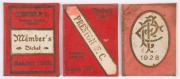 PRESTON F.C. (VFA): 1925, 1926 & 1928 Member's Season Tickets, numbered '98', '1191' & '618' respectively, each with Fixture List, all are unpunctured (for games attended). Fair to Good condition. (3)