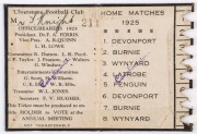 ULVERSTONE F.C. (North-West Football Union, Tasmania): 1925 Member's Season Ticket, with numbered list of home fixture opponents, holes punched for each game attended. - 2