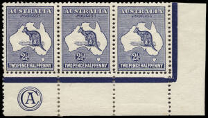 2½d Indigo (Plate 2), CA Monogram corner strip of 3 from the right pane; the stamps MLH, some perf. supporting in lower margin. Fine and fresh; a rare piece. BW:9(2)zb - $4500.