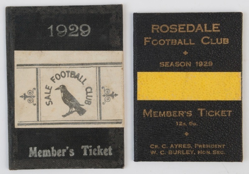 GIPPSLAND FOOTBALL LEAGUE: 1929 Member's Season Tickets for Rosedale FC & Sale FC, with fixture lists, G/VG condition.