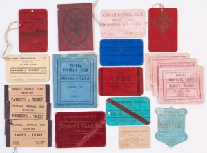 GOULBURN VALLEY FOOTBALL ASSOCIATION: 1925-1929 Member's Season tickets comprising BUNBARTHA/UNDERA 1928, COBRAM 1926 & 1928 plus a 1928 Lady's Ticket, NATHALIA 1929 Member's, Patron's & Lady's tickets, SHEPPARTON 1929 (with fixture list) and TALLYGARO