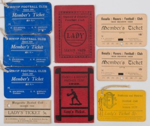 COUNTRY/DISTRICT FOOTBALL - OVENS & MURRAY FOOTBALL ASSOCIATION: Member's Season tickets with Benalla Rovers FC for 1929 (2), the year of the merger of Benalla FC & Benalla Rovers FC (reverted back to BenallaFC in 1931), Wangaratta 1929 Lady's Ticket; also WIMMERA DISTRICT FOOTBALL LEAGUE: Minyip 1929 Member's Tickets (3), Stawell & District FC 1929 Gent's & Lady's Tickets (with intact stapled pull-outs for all home games) & Dimboola 1929 Lady's Ticket. (9)
