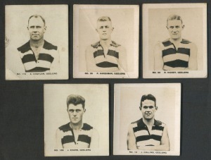 1929 GRIFFITHS 'BLACK CROWS' SERIES - GEELONG: five cards [5/210] comprising Reg Hickey, Harold Hardiman (diagonal crease), Jack Collins, Jack Evans and captain/coach Arthur Coghlan (corner crease). Rare.