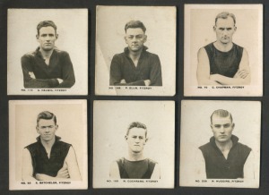 1929 GRIFFITHS 'BLACK CROWS' SERIES - FITZROY: six cards [6/210] comprising Arthur Batchelor, Charlie Chapman, Norm Cockram (misspelled 'Cochrane'), Percy Ellis, Gordon Hellwig (misspelled 'Helwig') & Neville Huggins; G/VG. (6)