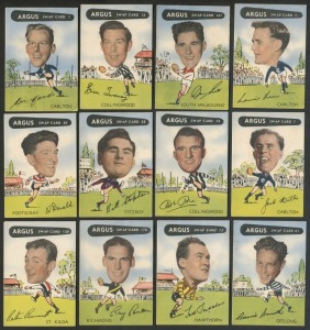 1954 Argus Football Cards: [12/144] including Ken Hands (Carlton), Bob Rose & Bill Twomey (Collingwood) & Bernie Smith (Geelong); G/VG. (12)